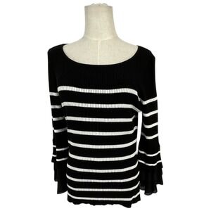 White House Black Market Striped Sweater Bell Sleeve Sheer Ruffle‎ Knit Top M
